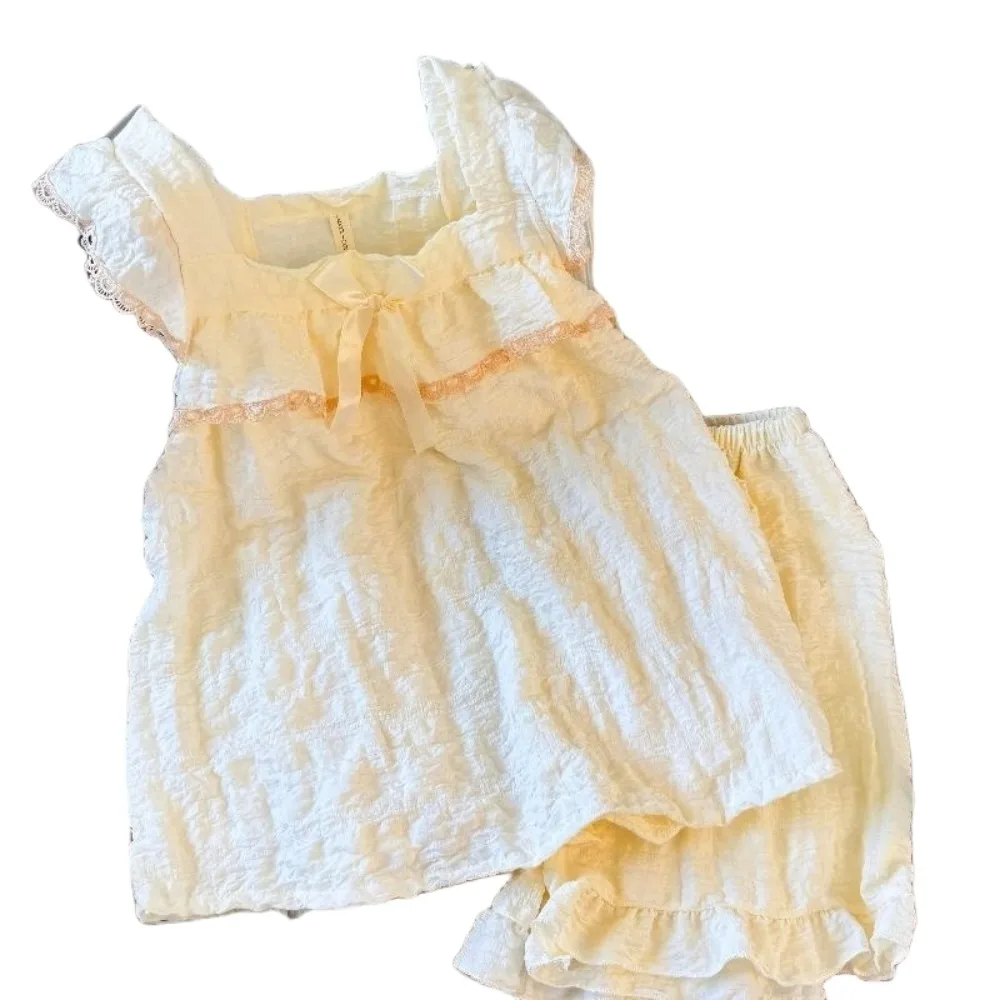

Fashion Bowknot Sweet Pajamas Set Ruffle Summer Camisole Shorts Nightdress Homewear with Bra Pad Sleeveless Nightwear Women