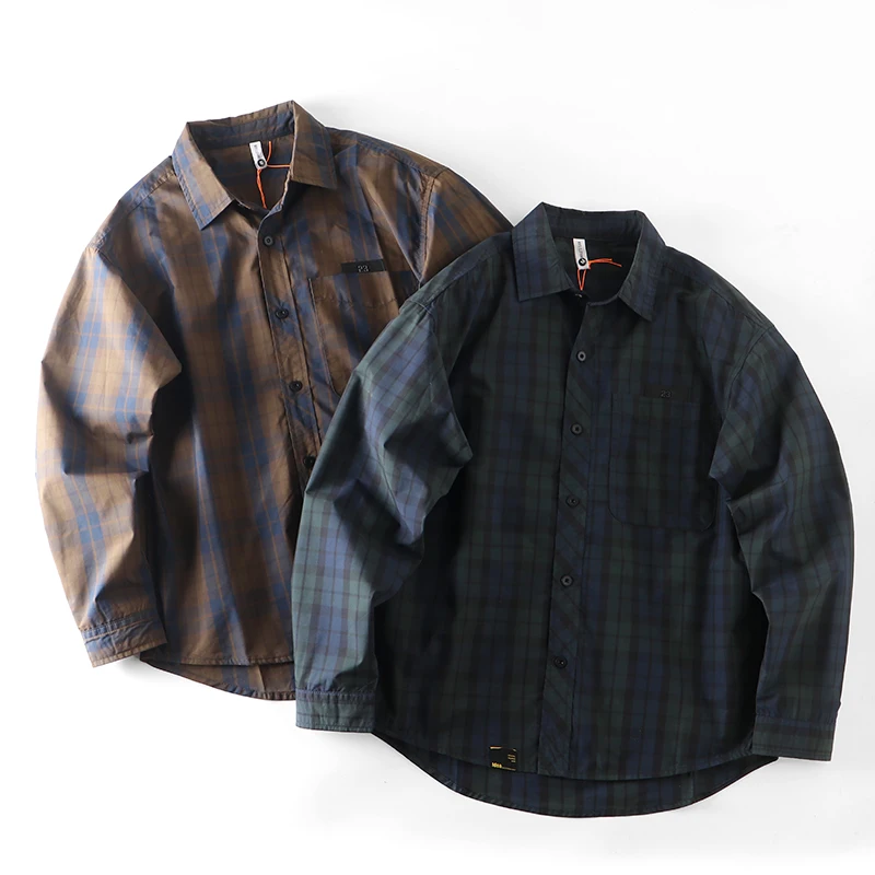 

Классическая мужская повседневная одежда с длинным воротником-стойкой в клетку, свободная посадка, дышащая смесь хлопка и полиэстера, удобная повседневная одежда