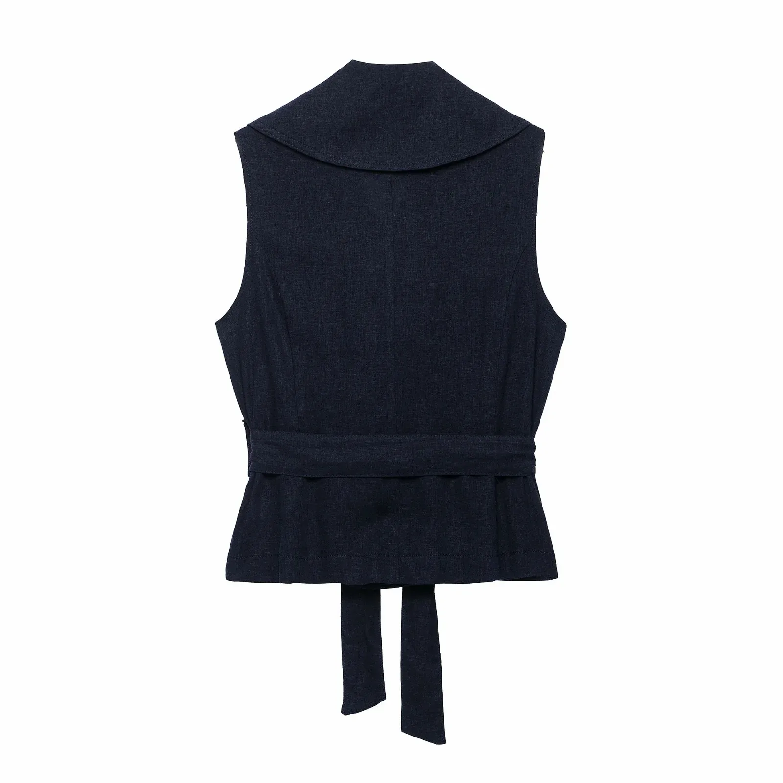 Damen Marineblau 2-Teiliges Set Ärmellose Blazer-Weste mit Revers und Gürtel + Hochgeschnittene Plissierte Weite Culottes-Shorts Damenanzug – Detail 5