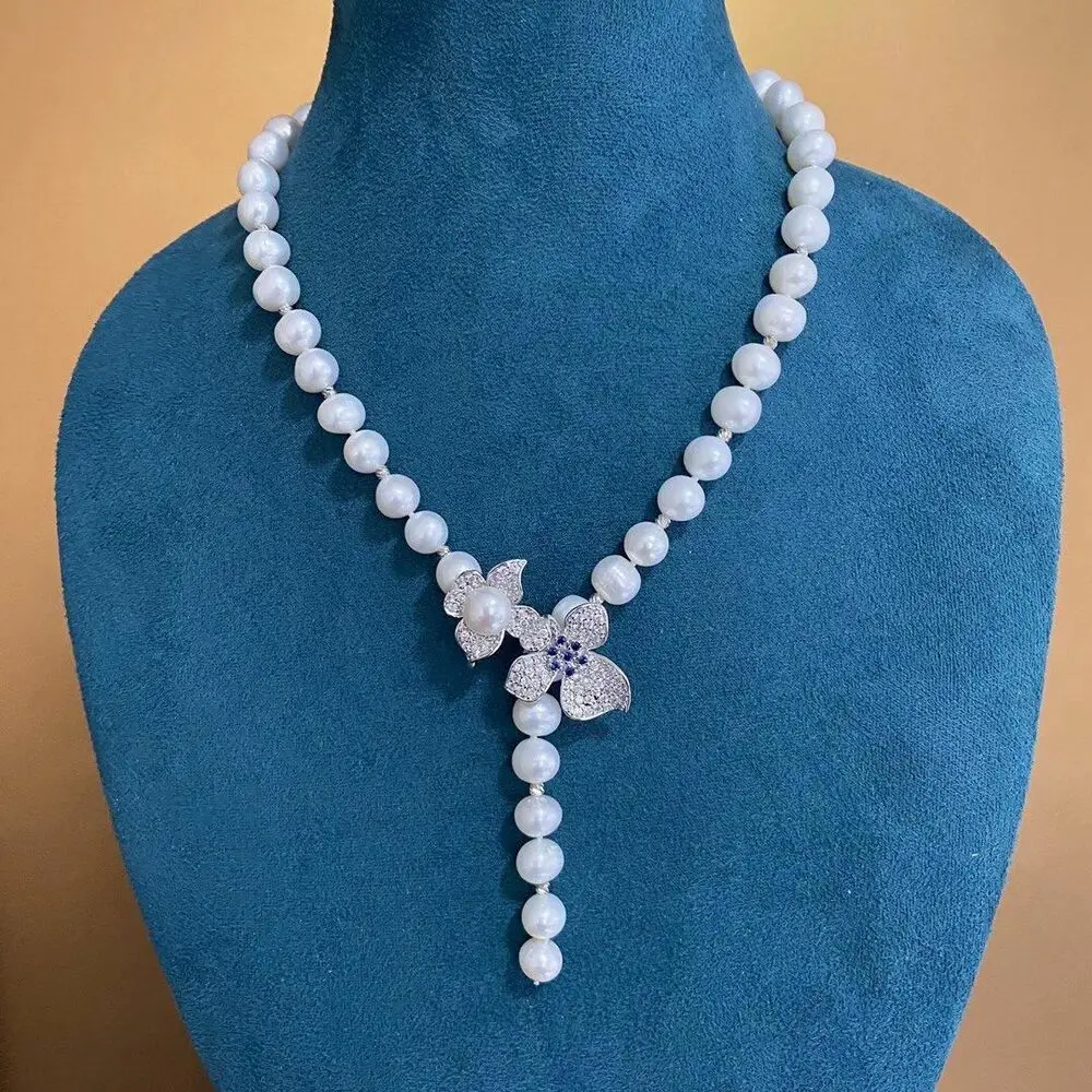 

gorgeous 9-10mm south sea round white pearl necklace 22" jewelry chain butterfly necklace tassel necklace