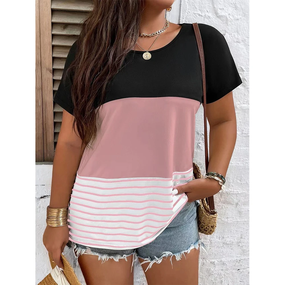 Camiseta de mujer con rayas coloridas y estampado 3d, Tops con cuello en V, camiseta informal sencilla a la moda para mujer, versión holgada de talla grande