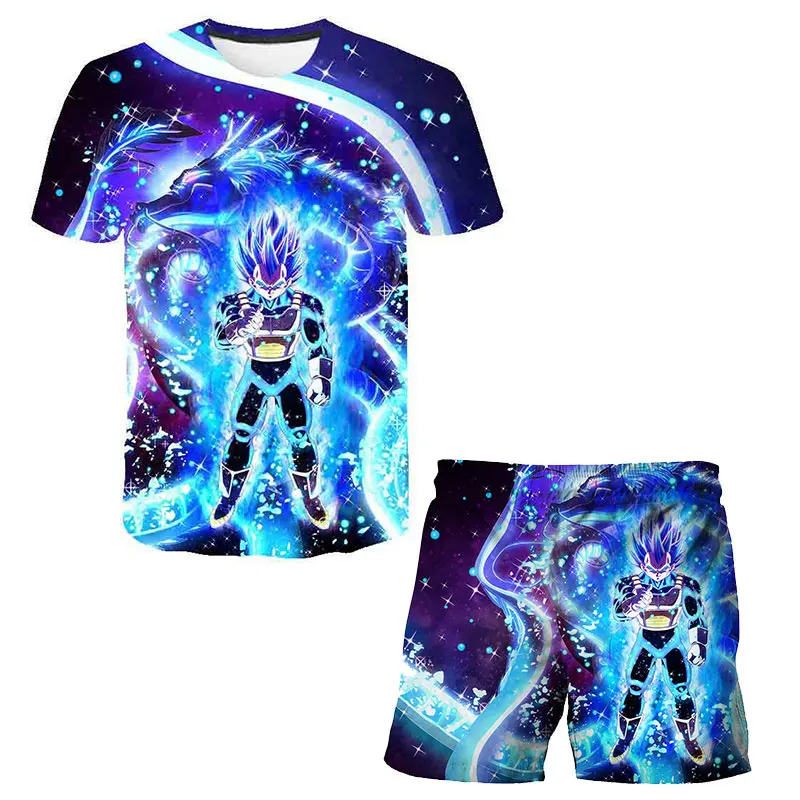 Camiseta de dibujos animados japoneses de Dragon Ball Z para niños, conjunto de dos piezas, camiseta y pantalones cortos de playa para verano