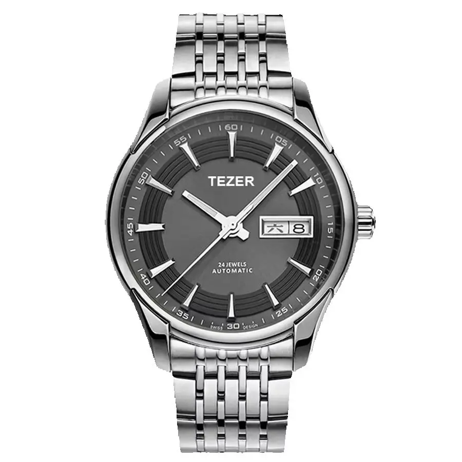 TEZER Men Automatic Watch | Stainless Steel Band | Dark Grey Dial | Day & Date | 5ATM Waterproof Mechanical Wristwatch