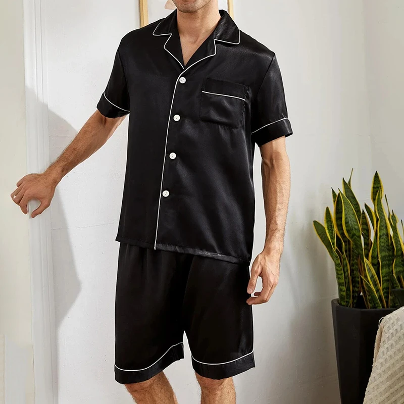 Men\'s Summer Classic Satin Casual Solid Sleepwear Short Sleeve Turn-down Collar Comfortable Top And Shorts 2 Piece Loungewear