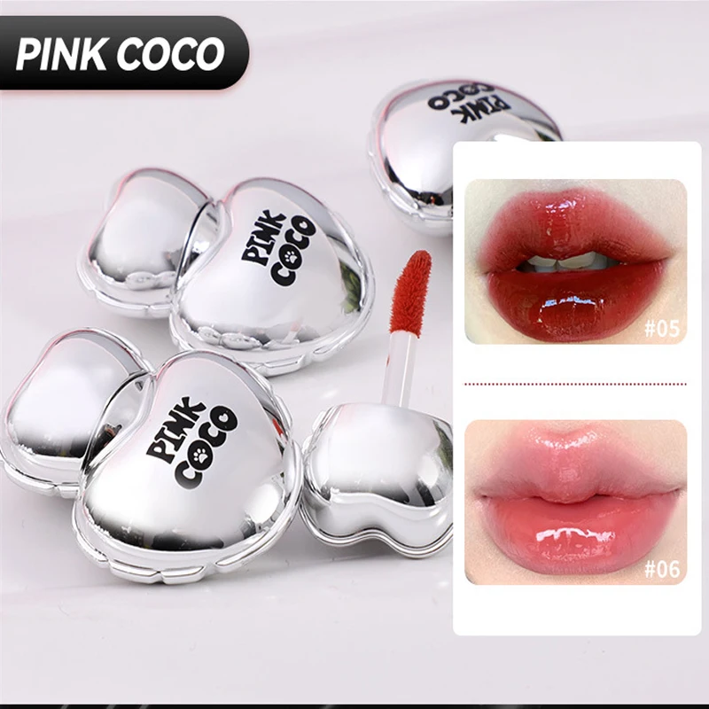 Brillo de labios con forma de corazón de COCO rosa, gelatina rellenadora, líquido hidratante brillante, acabado de espejo, maquillaje de tinte de labios no pegajoso de larga duración