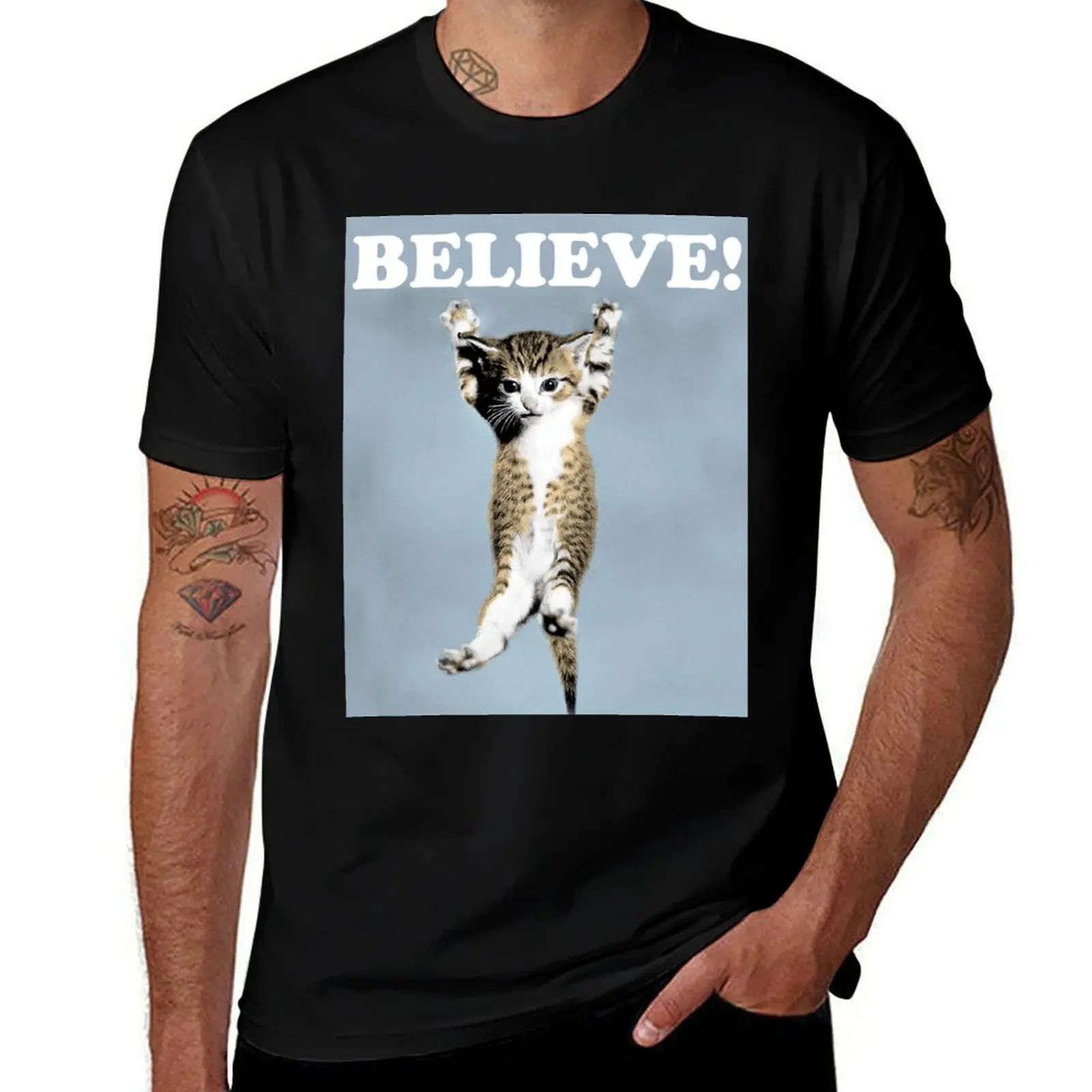 

Believe Cat Poster T-Shirt gifts for boyfriend blanks cotton man t-shirts Men's cotton t-shirt