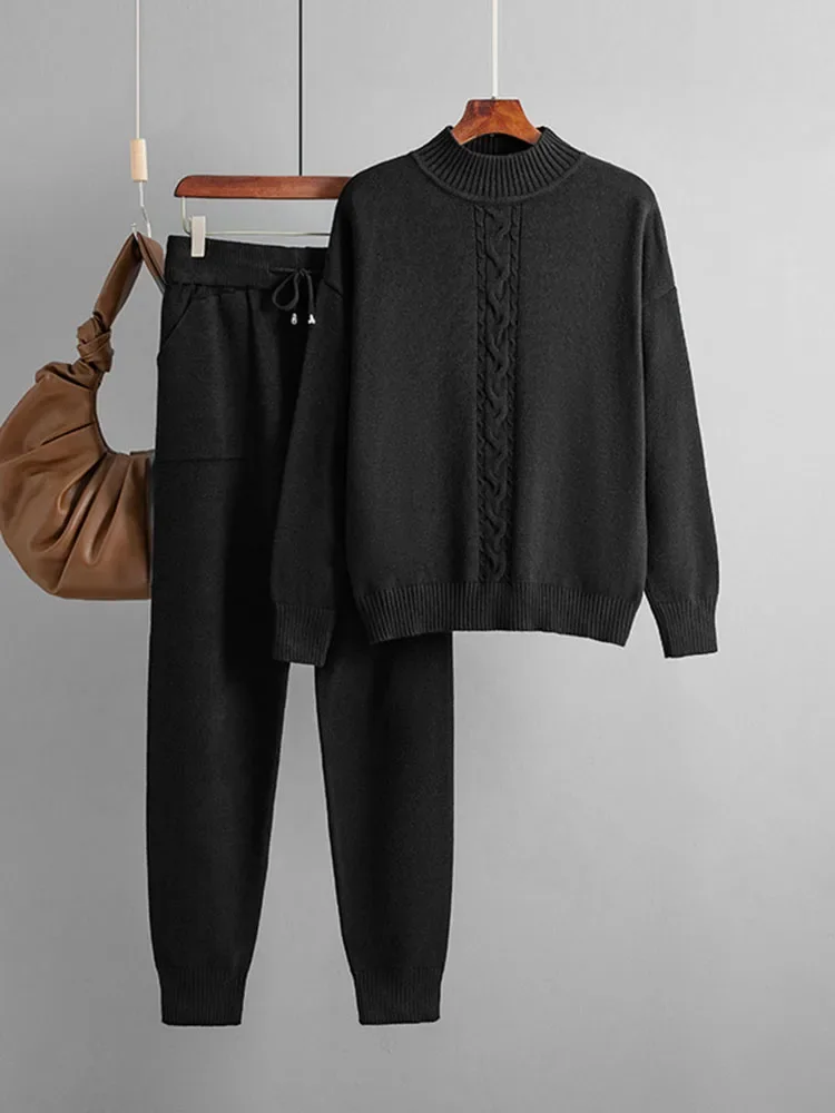 Fall Winter Sweater 2 Piece Sets Women Casual Half Turtleneck Knit Pullover Tops Conjuntos High Waist Harem Pants Suits