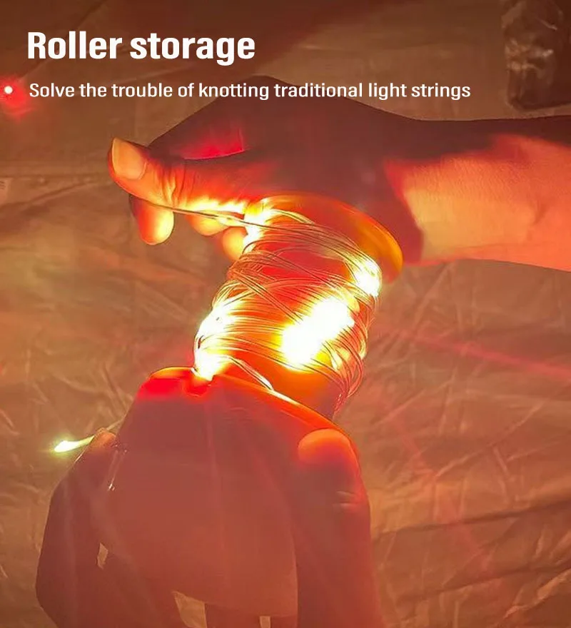 ไฟแคมป์ปิ้ง 3-in-1 ไฟ LED แบบม้วน 10 เมตร ไฟแคมป์ปิ้งแบบ USB สำหรับใช้งานกลางแจ้ง ไฟ LED แบบรีไซเคิลได้ สำหรับตกแต่งสวน เต็นท์ และห้อง