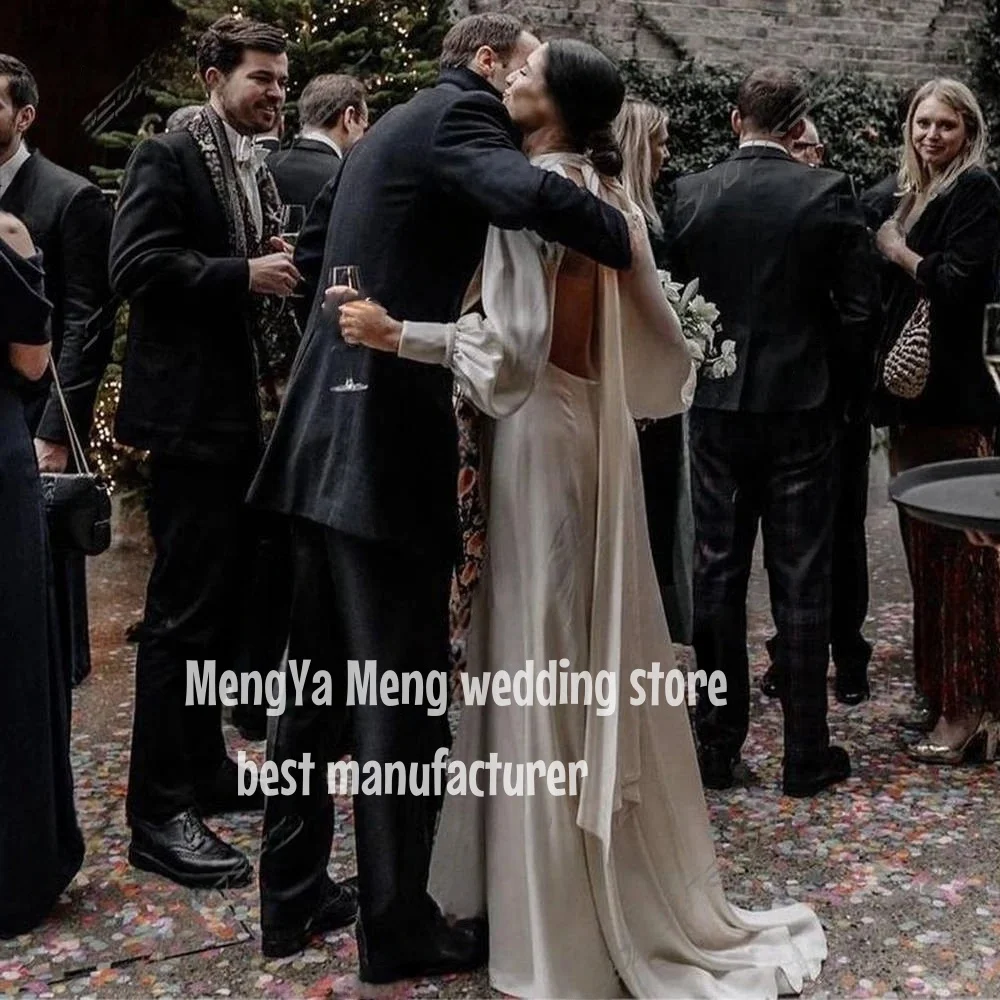 Love Elegant Long Puffy Sleeves Slik Pleated Wedding Dress Sexy A-Line Open Back High Neck Floor Length ribbon Simple Customized