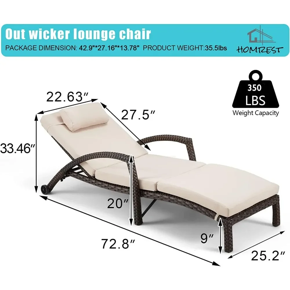 Lounge Chairs Set of 2, Adjustable 5 Position & Arm, Cushion & Pillow and Wheels, PE Rattan Wicker Patio Pool Lounge Chair