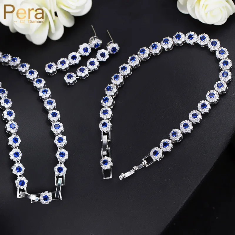 Pera Elegant Women 3 Pcs Cute Flower Cubic Zirconia Royal Blue Choker Necklace Earrings and Bracelets for Prom Party Gift J229