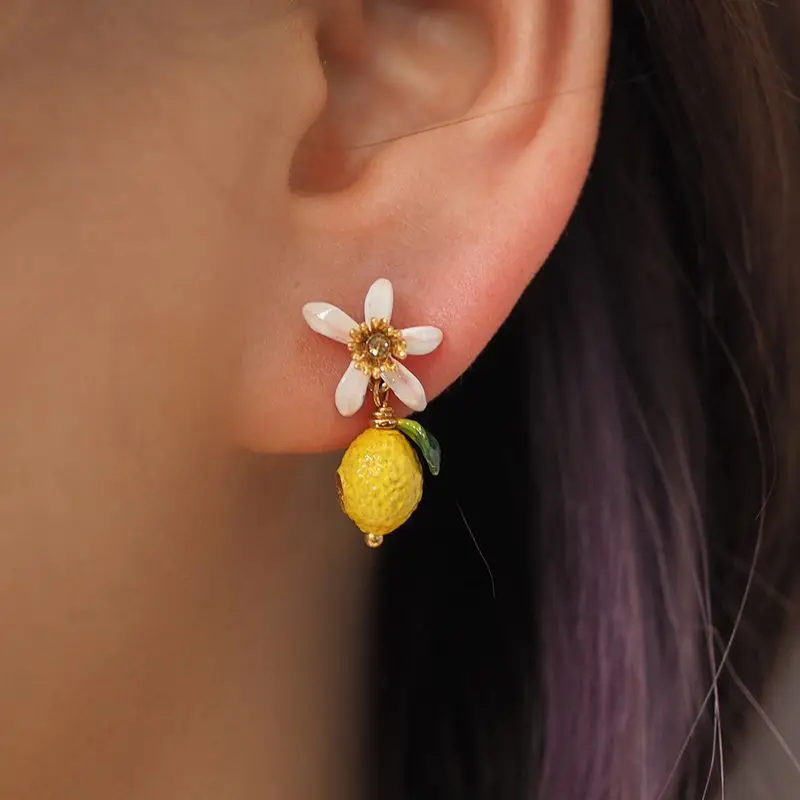 Perfume Lemon Fruit Earrings Small and Fresh Flower Earrings Vintage Women's Jewelry