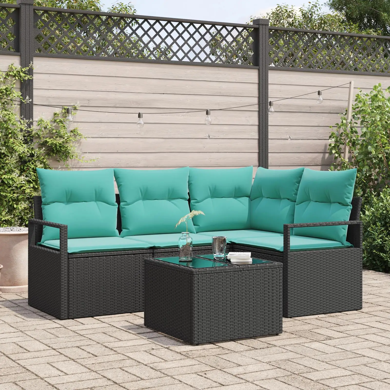 

5 Piece Outdoor Garden Sofa Set with Cushions Black Rattan Furniture Patio Seating