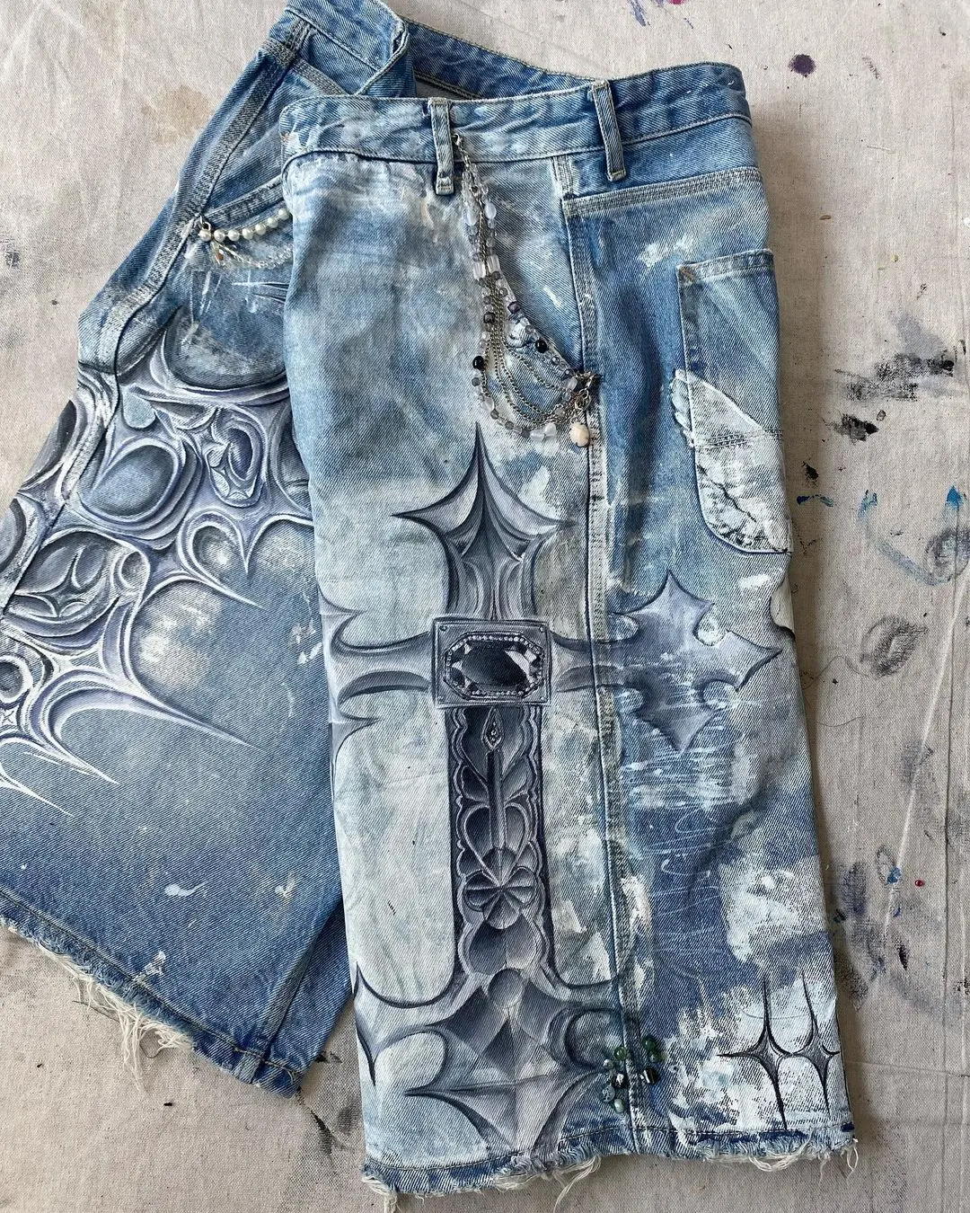 Gothic Trend New Hand-painted Cross Printed Short Jeans Men's Loose Straight Five-point Jeans Street Hip-hop Rap Y2K Shorts