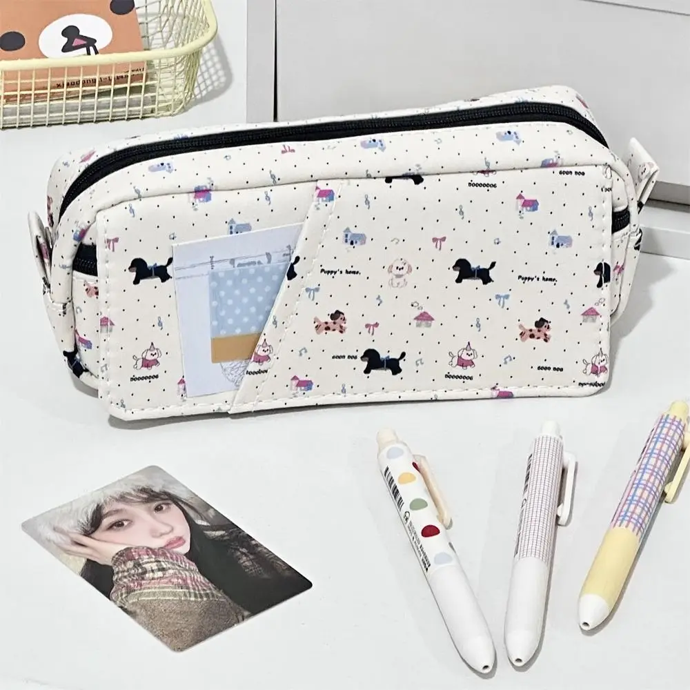 Bolsa para bolígrafos de perro salchicha de dibujos animados, bolsa de papelería multicapa de gran capacidad, estuche de lápices portátil con diseño abatible para volver a la escuela