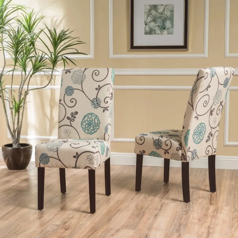 

Peggy Indoor Contemporary Fabric Dining Chair, Set of 2, Light Beige, Blue Floral