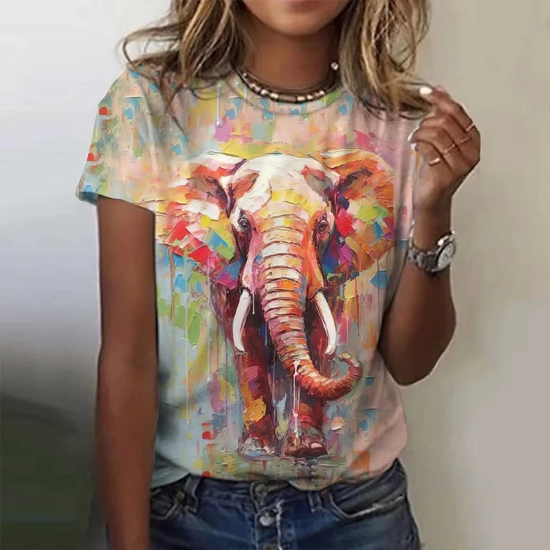 Cute Elephant Oil Painting 3D Print T-shirts For Women Girls Animal Casual Fashion Harajuku Y2k Short Sleeve O-neck Oversize Top