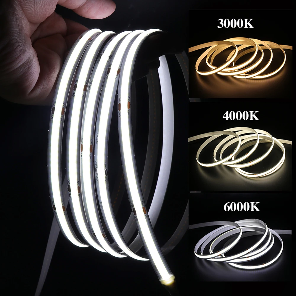 12V 24V COB Strip 8mm 320Leds/M RA90 High Density Flexible Ribbon Tape 3000K 4000K 6000K Red Blue Pink FOB LED Light Dimmable