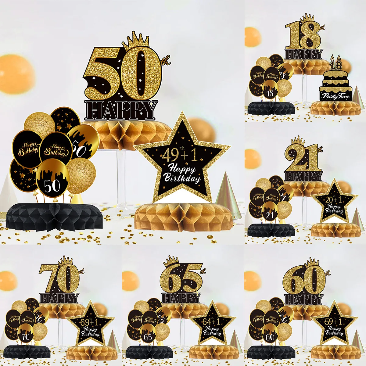 Black Gold Birthday Honeycomb Set 18 21 30 40 50 Birthday Party Decoration Happy 60 65 70 Birthday Party Supplies Table Decor