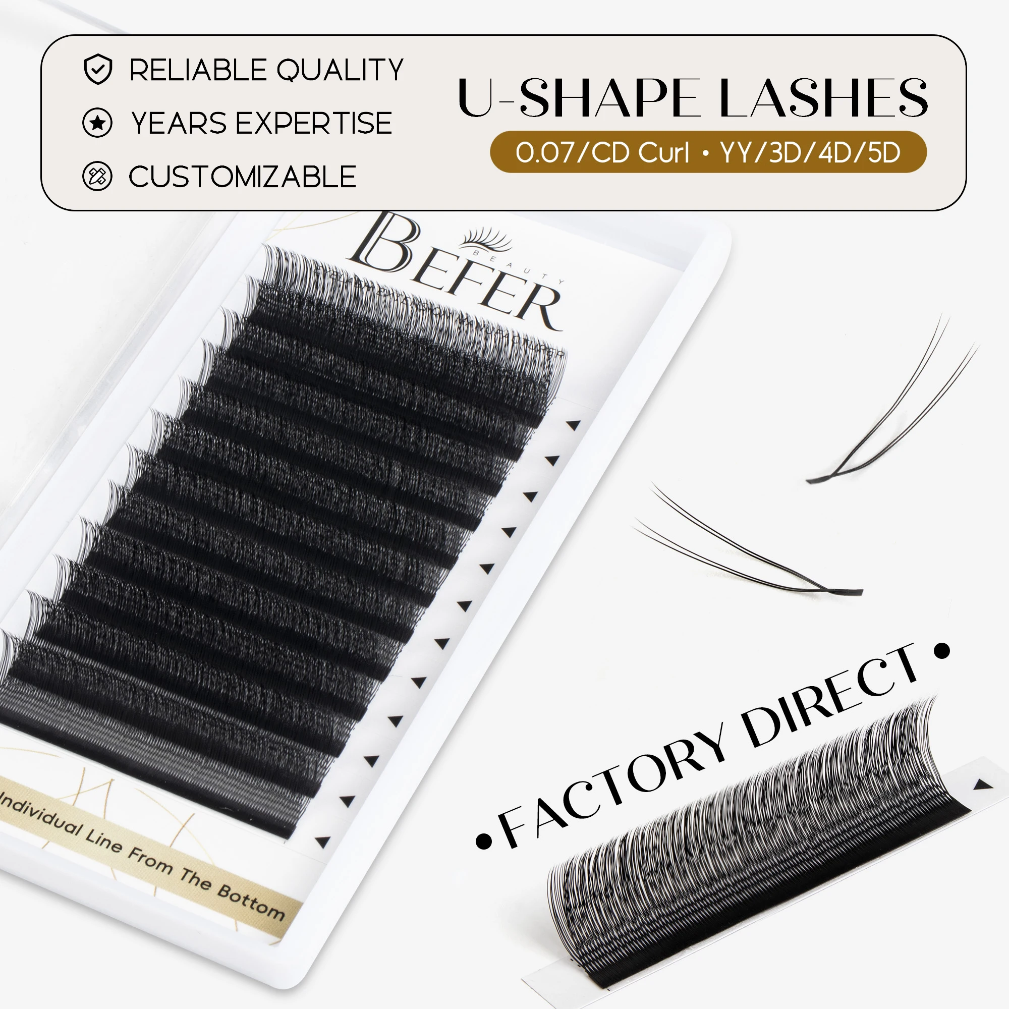 Befer Lashes Rzęsy U-Shaped Volume 3D/4D/5DW Przedłużanie Rzęs Wysokiej Jakości Miękkie Naturalne Wygląd 8-15mm Hurtowy Dostawca Sztucznych Rzęs