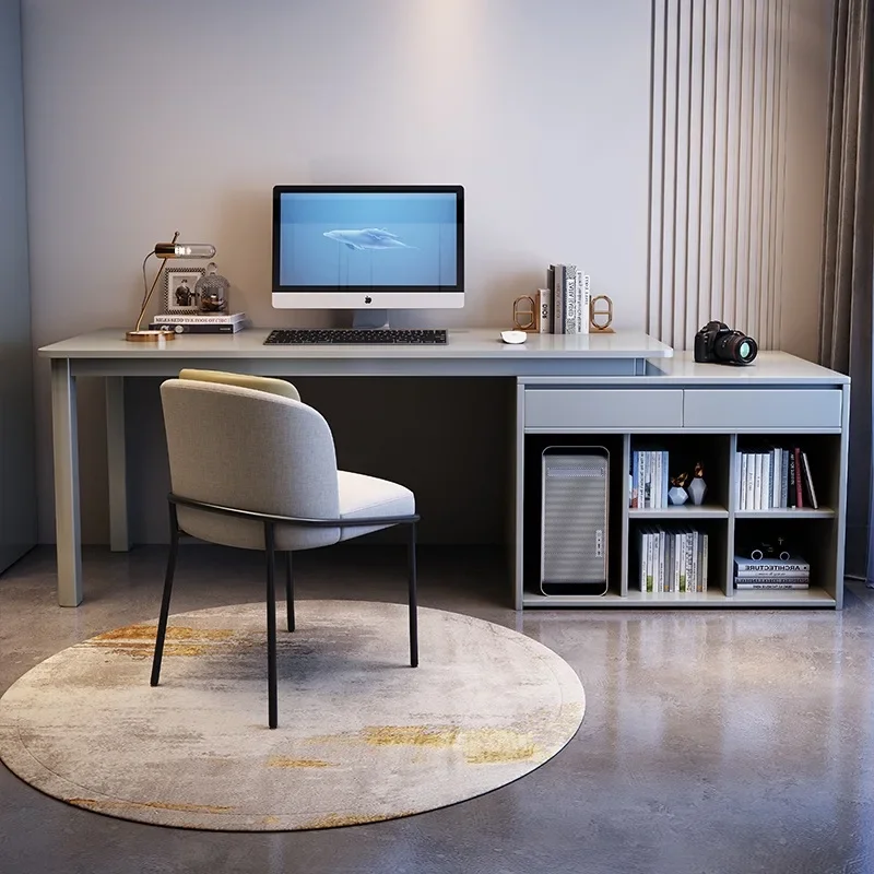 Solid wood double desk bookcase integrated retractable corner simple modern computer desk student learning home