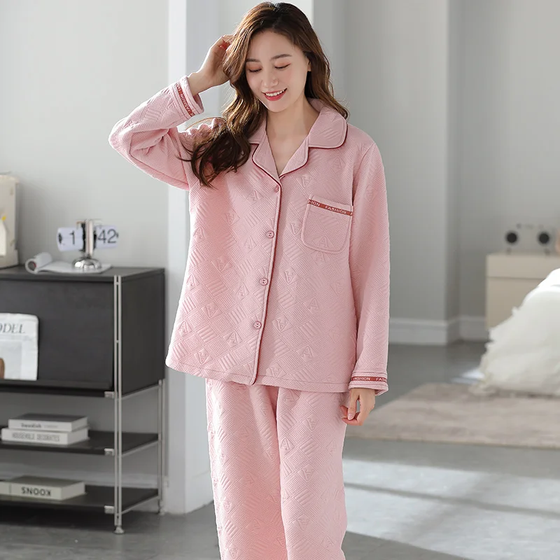 Autumn and winter women's pajamas long-sleeved trousers two-piece set 100% cotton three-layer quilted thickening homewear suit