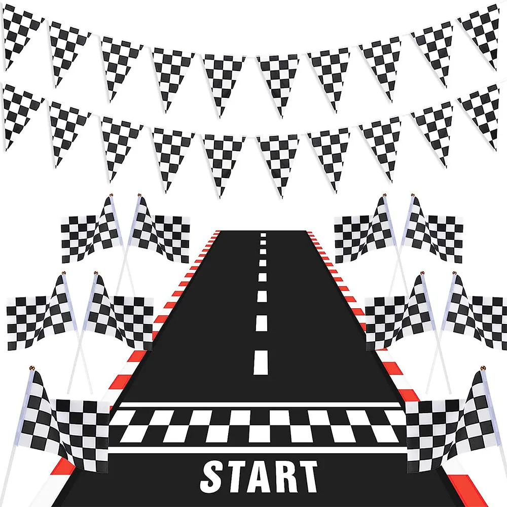 Racing Car Party Decor Racetrack Running Tablecloth Checkered Racing Pennant Banner Checked Race Flags Checked Birthday Party