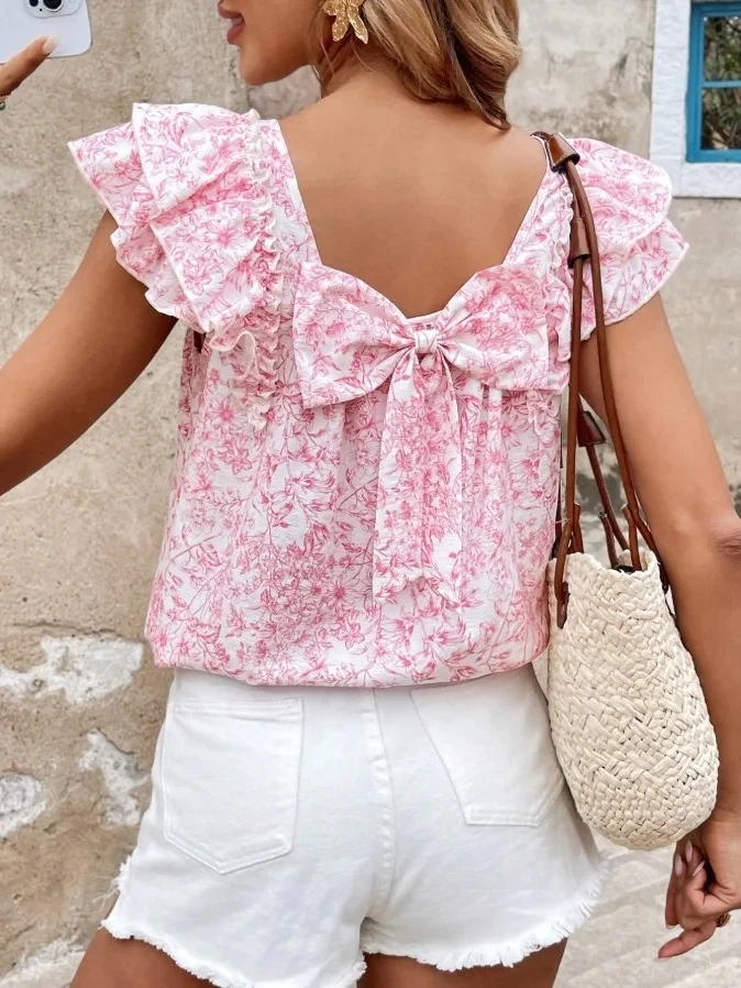2025 Summer Women's Shirt Square Collar Bow Plant Print Blue Pullover Sweet Top Lotus Sleeve Blouses for Female