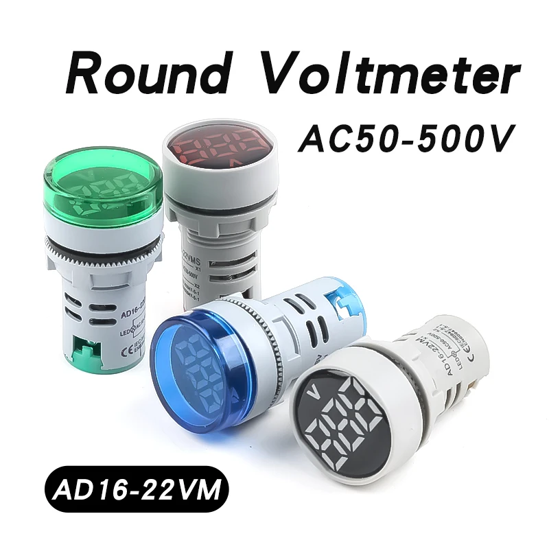 22MM Round Voltmeter AD16-22VM Type AC50-500V Mini Voltage Meter LED Digital Display AC Indicator Light Lamp  AD16 220V