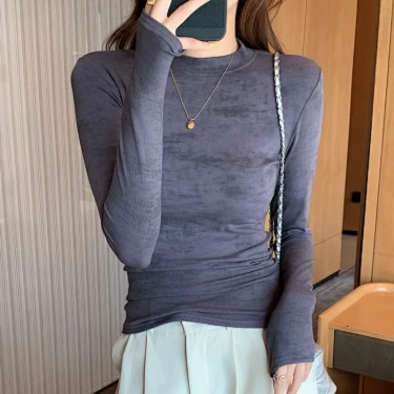 Women's Mock Neck Camouflage Print Long Sleeve Top Slim Fit Soft Versatile Autumn Winter Inner Outer Blouse