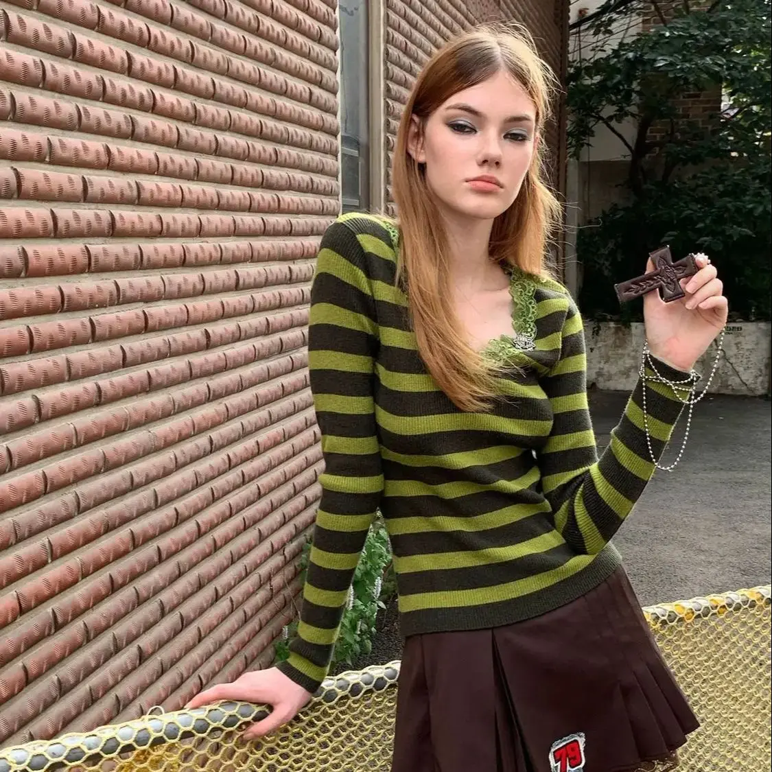 

Autumn Winter Women Striped Sweater 2000s Aesthetic Forest Girl Elegant Sweater Designer Chic Versatile Cute Core