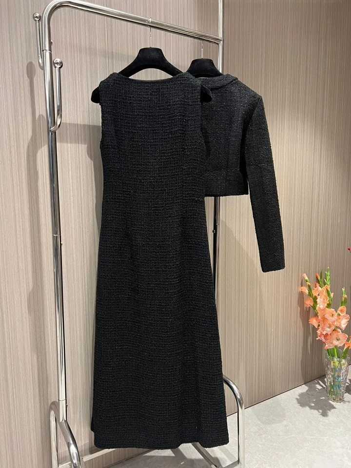 2024 Spring Chic Women\'s High Quality Elegant Tweed Jackets + Sleeveless Pockets Dress C768