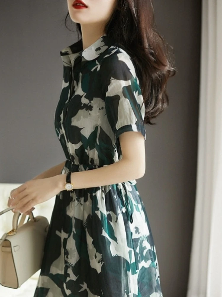 

2023 Summer New Women's Dress Retro Temperament Elegant Printing Short-sleeved Lace-up Thin Skirt Commuting Office