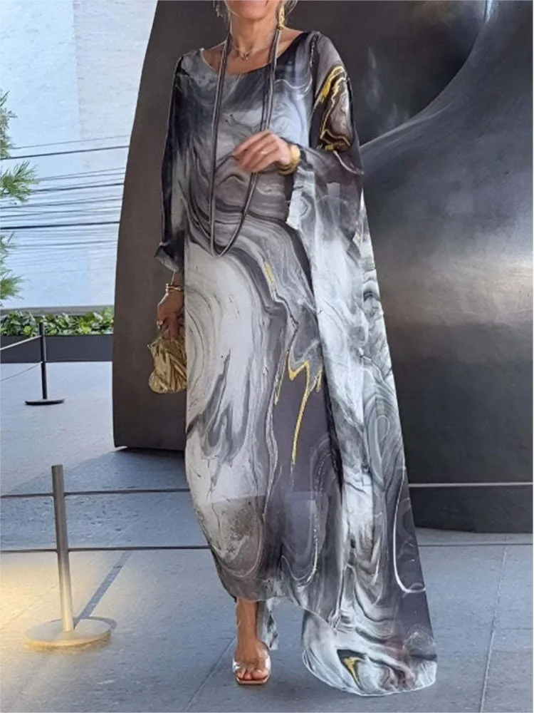 Women Elegantย Bat Sleeved Loose Party Dress Summer Chiffon Printed Marble Leisure Robe Round Neck Fashionable Vacation Dresses