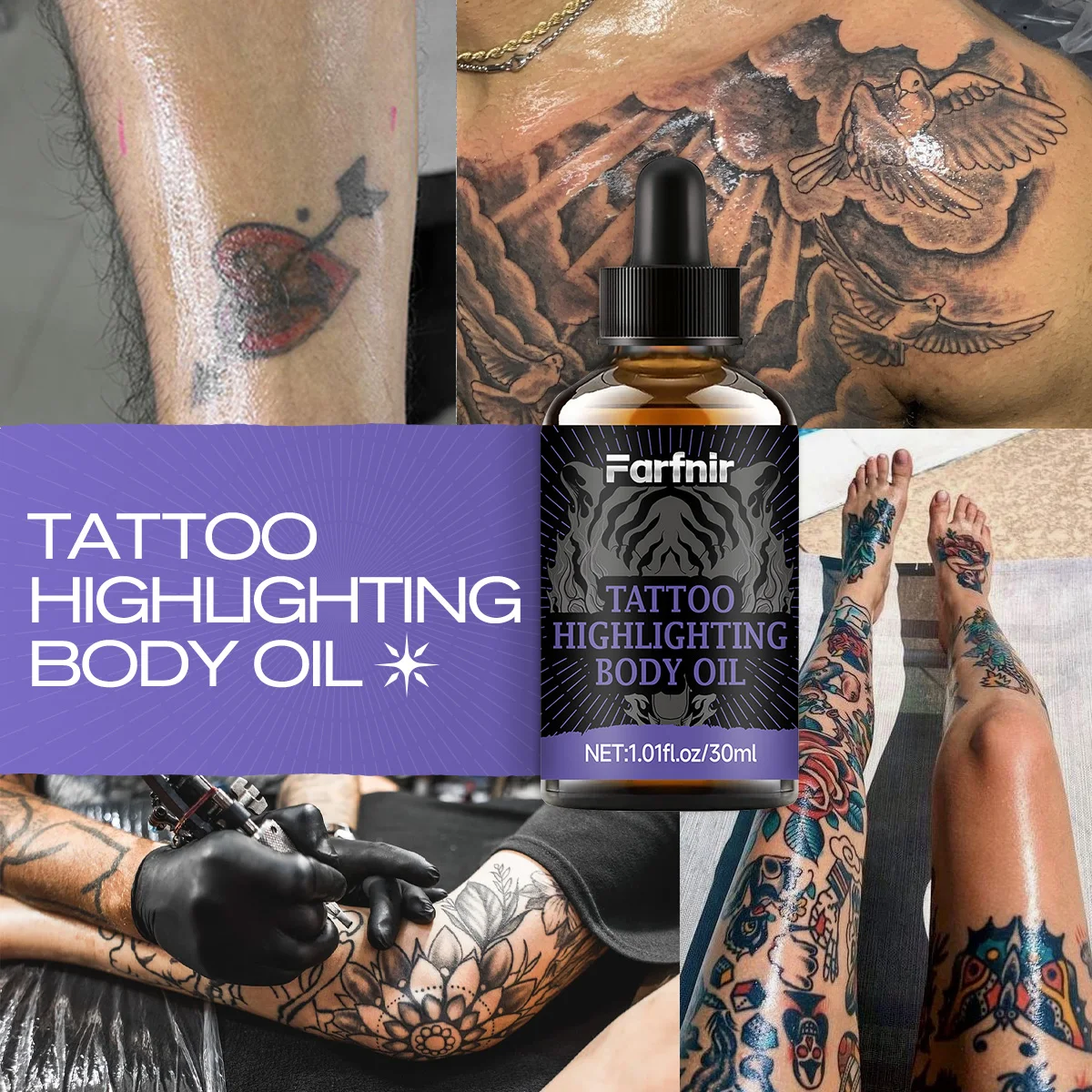 1,01 fl oz/30 ml Tattoo Aceite corporal altamente iluminador hidrata, cuidado y ayuda a mantener el color del tatuaje.
