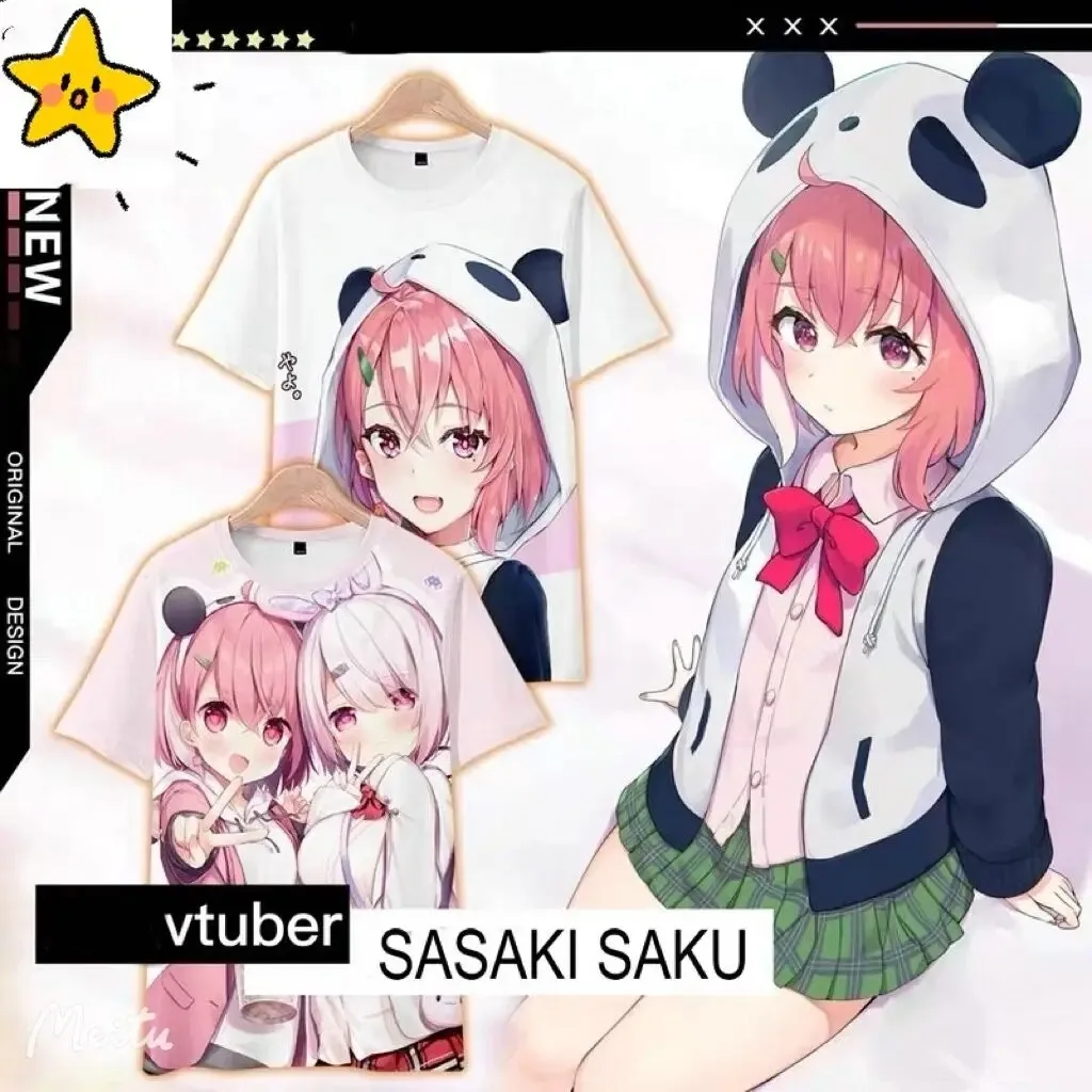 

nova vtuber sasaki saku 3d impressão camiseta verão moda em torno do pescoço manga curta popular streetwear japonês mais tamanho