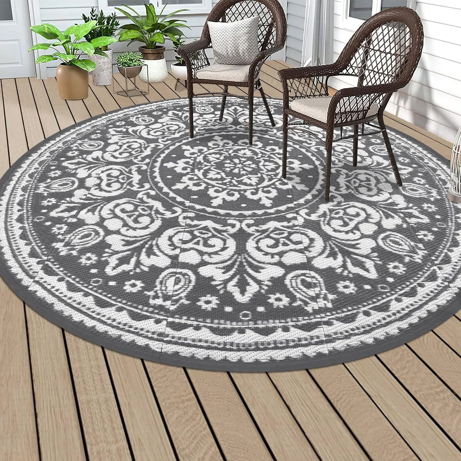 Runder Outdoor-Teppich Wasserdichter Rutschfester Patio-Teppich Vintage Blumenmuster Balkon Garten Bodenmatte Waschbarer Innen- und Außenteppich