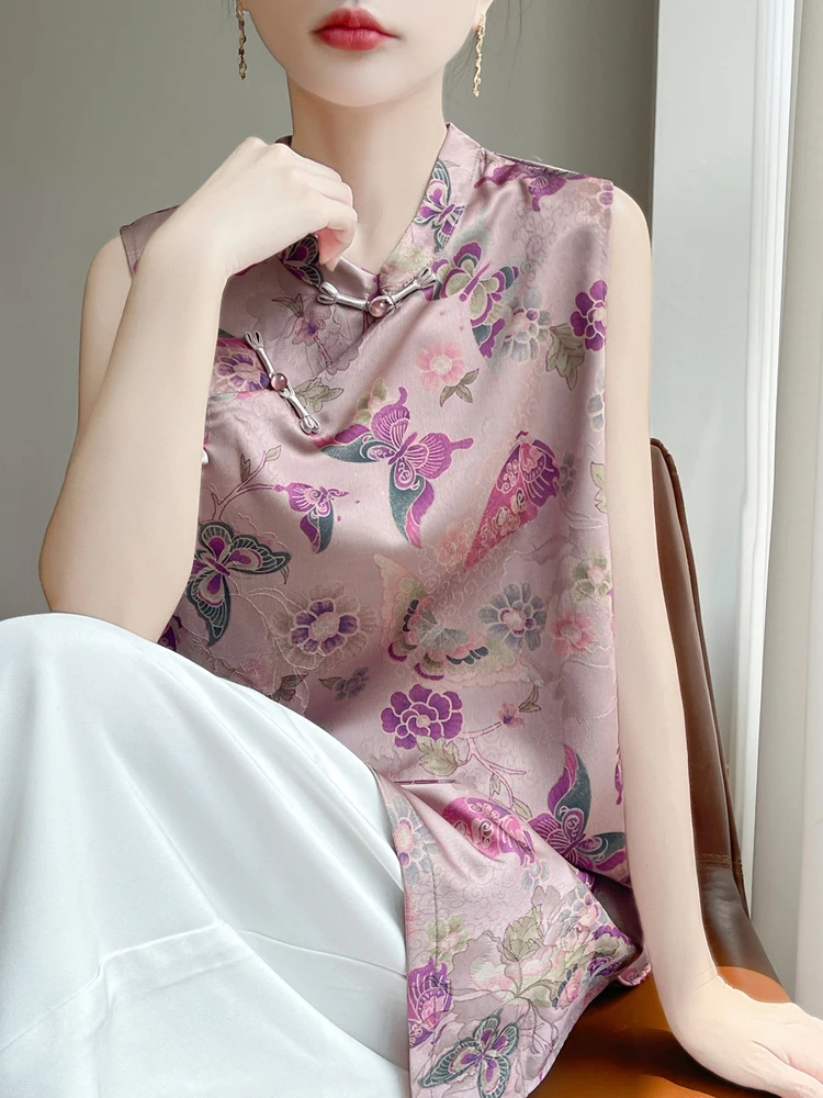 

New Chinese Sle Satin Print Svel Vest Women's Mid-Length Fine Button Stand Collar Slit Silk Top Thin Commute