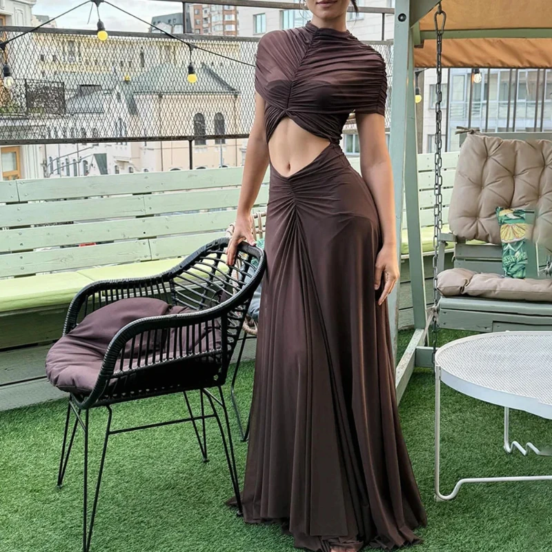 Europeo americano sexy moda estiva vita alta tinta unita maglia borsa pieghettata glutei ombelico esposto abito lungo abbigliamento da donna