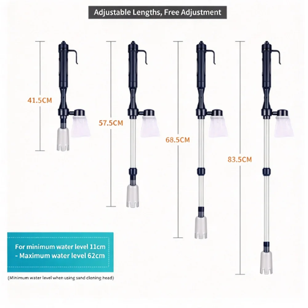 Motorized For Gravel Cleaner for Aquariums with Telescopic Extension Tube 560mm to 820mm and Built-in Filter Nozzle