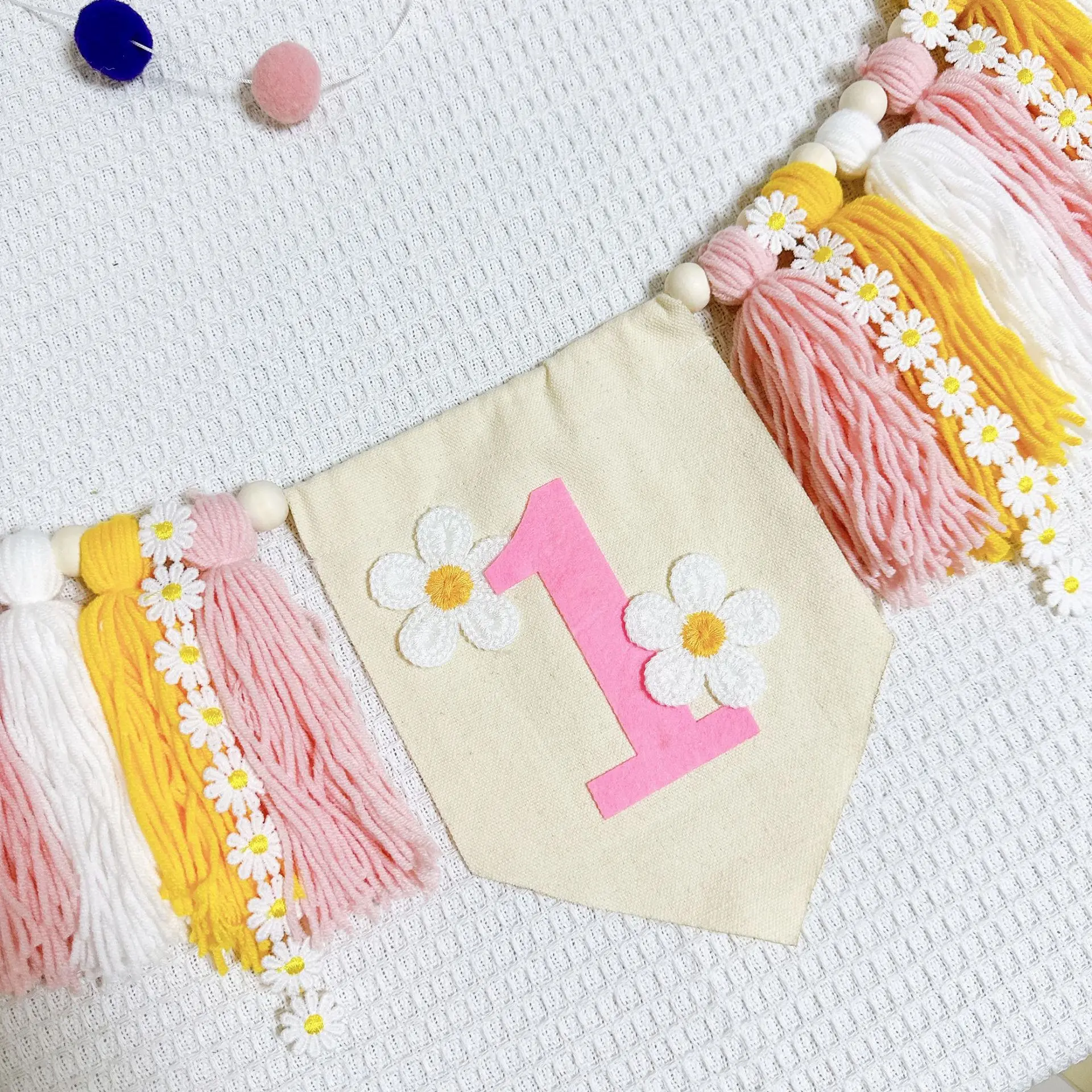 INS First Birthday Pink Daisy Highchair Banner Girl 1ST Party High Chair  White Flower Garland Backdrops Tassel Decoration