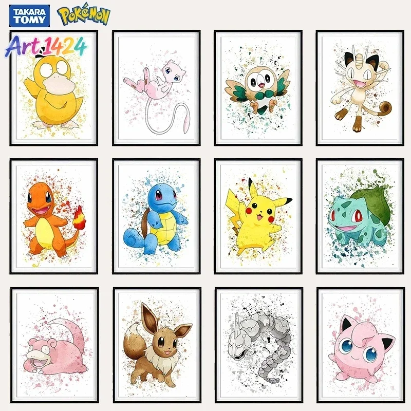 Impresión en Lienzo de Anime Pokémon, Póster de Cómic con Bulbasaur, Charmander, Squirtle y Pikachu, Pintura Colorida para Habitación Infantil