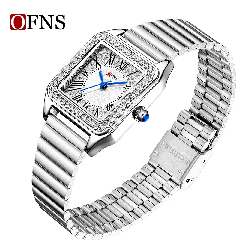 OFNS quartz watch light luxury fashion small square Roman scale diamond-encrusted quartz watch waterproof business women's watch