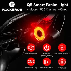 ROCKBROS-luz trasera inteligente para bicicleta, accesorio con sensor de freno, IPx6 resistente al agua, carga LED, Q5