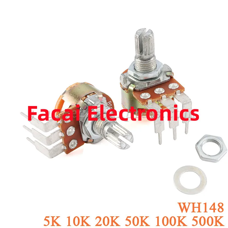 WH148 선형 전위차계 벤딩 피트, 스위치 포함, 3 핀 너트 와셔, B5K, B10K, B20K, B50K, B100K, B500K, 15mm 샤프트, 5 개