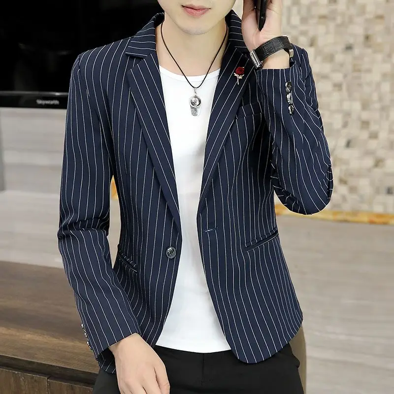 Coat Striped Plaid Thin Blue Male Blazer Slim Fit Fashion 2024 High Quality Men\'s Suit Jackets Casual Korean Style Clothes New