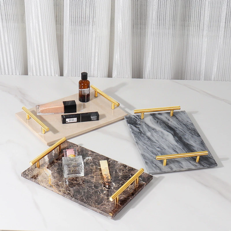 Modern natural marble square stone metal handle tray decoration hotel bathroom cosmetics jewelry storage tray