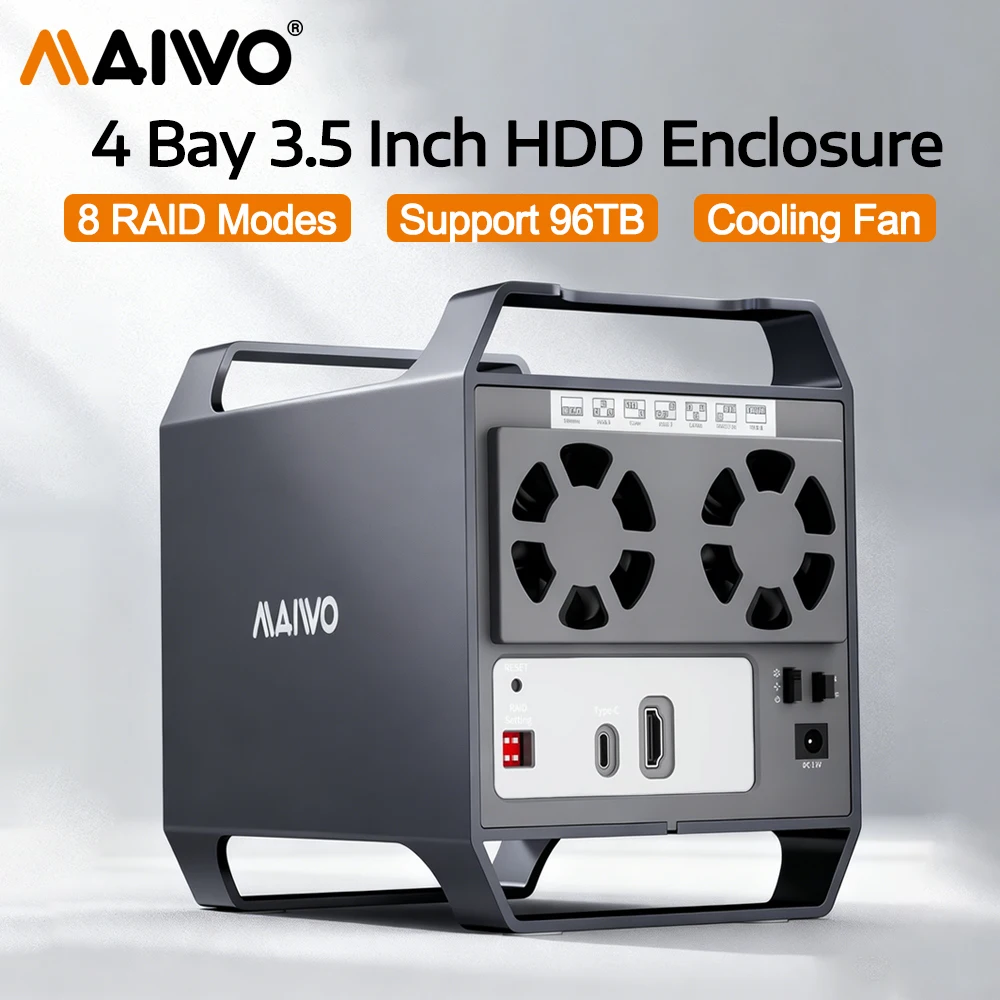 

MAIWO 4 Bay HDD RAID Enclosure for 3.5" SATA Drive with Fan USB A-C 3.0 & C-C Cable Supports 8 RAIDs & 96TB Capacity DAS Case