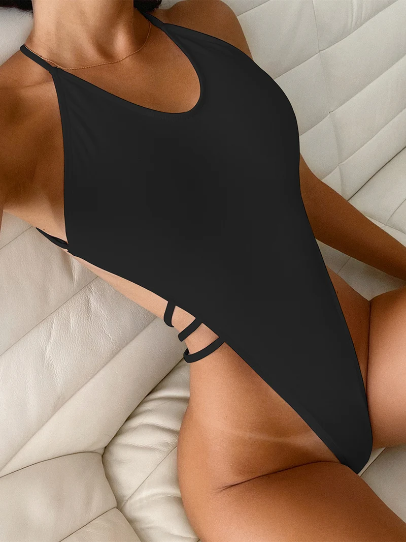 Sexy Solid Strappy One Pieces Women Swimsuit 2023 New High Leg Cut Swimwear Backless Bandage Thong Monokini Beach Bathing Suit