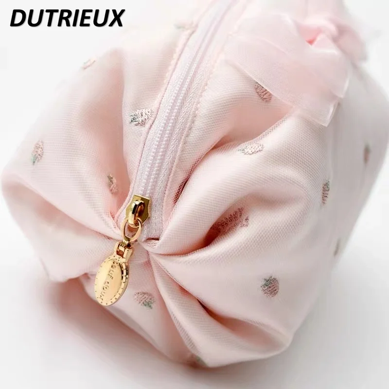 Sweet Cute Small Cherry Strawberry Embroidery Ball Cosmetic Bags for Women Soft Fashion Storage Sundry Makeup Bag Female